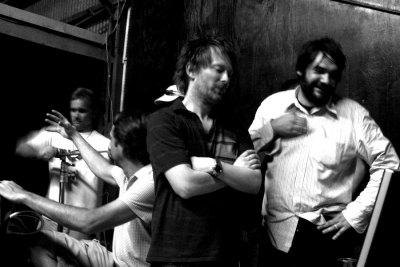Thom Yorke and James Frost on set (at right)
